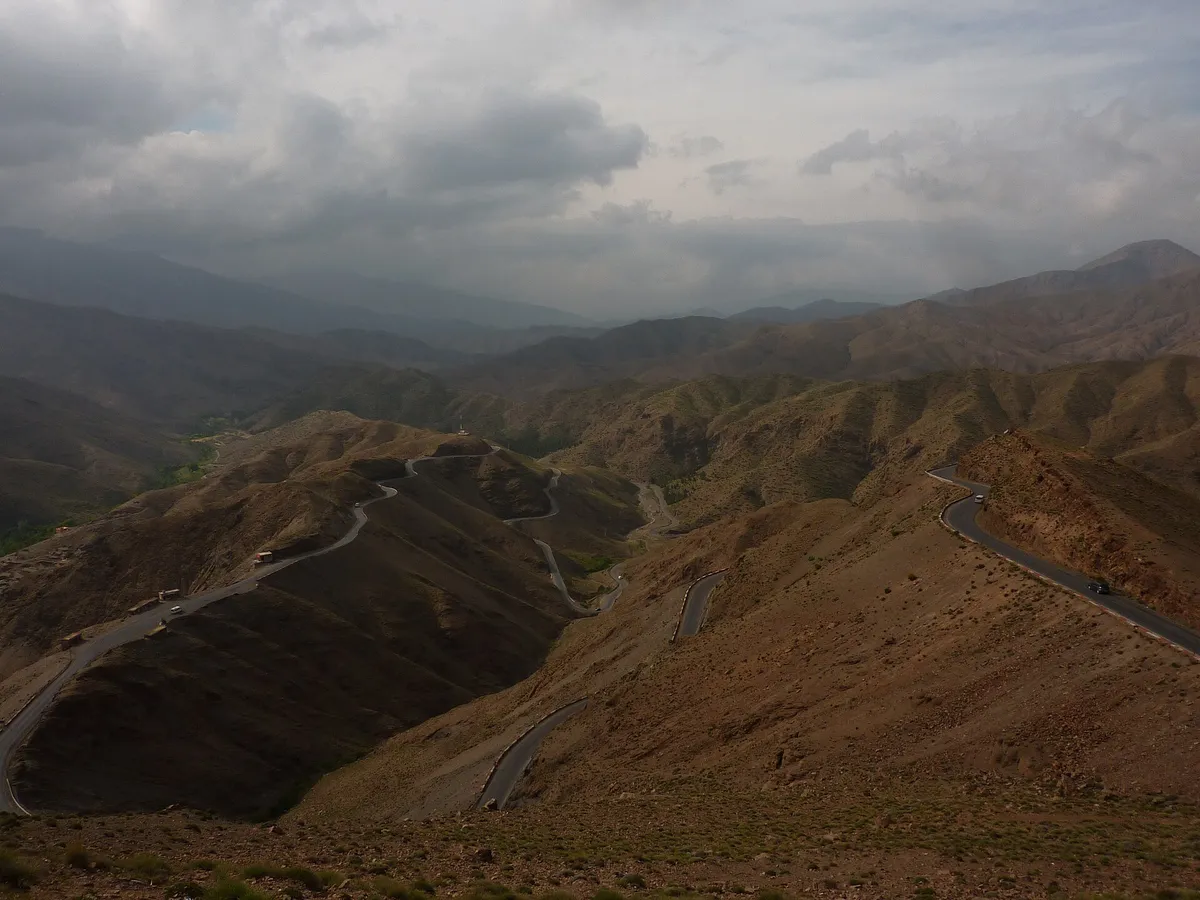 The Tichka pass road winding through the High Atlas